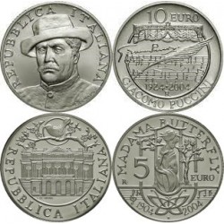 . 2 monedas x ITALIA 5 EUROS + 10 EUROS 2004 MUSICO GIACOMO PUCCINI y OPERA KM.240+241 PLATA SC