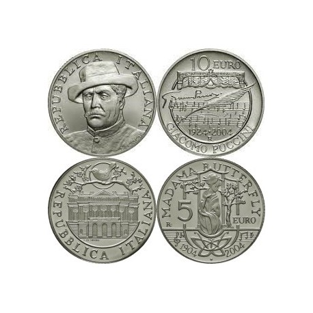 . 2 monedas x ITALIA 5 EUROS + 10 EUROS 2004 MUSICO GIACOMO PUCCINI y OPERA KM.240+241 PLATA SC