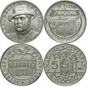 . 2 monedas x ITALIA 5 EUROS + 10 EUROS 2004 MUSICO GIACOMO PUCCINI y OPERA KM.240+241 PLATA SC