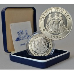 @ESTUCHE y CERTIFICADO@ INGLATERRA 25 ECU 1992 LAS TRES GRACIAS KM.X.18A MONEDA DE PLATA PROOF TWENTY FIVE ECU