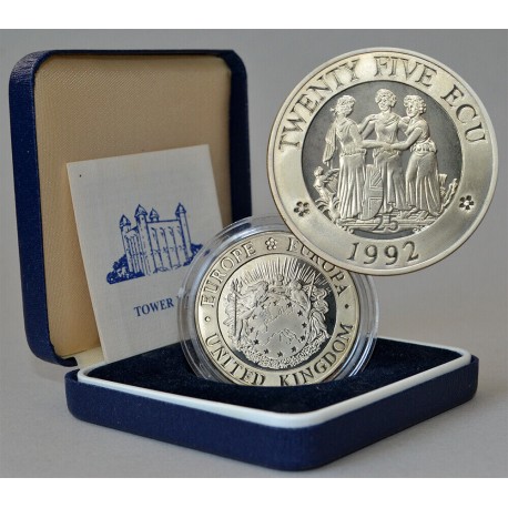 @ESTUCHE y CERTIFICADO@ INGLATERRA 25 ECU 1992 LAS TRES GRACIAS KM.X.18A MONEDA DE PLATA PROOF TWENTY FIVE ECU