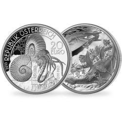 AUSTRIA 20 EUROS 2013 TRIASICO FOSIL y DINOSAURIOS MONEDA DE PLATA ESTUCHE y CERTIFICADO Österreich silver TRIAS