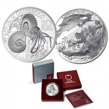 AUSTRIA 20 EUROS 2013 TRIASICO FOSIL y DINOSAURIOS MONEDA DE PLATA ESTUCHE y CERTIFICADO Österreich silver TRIAS