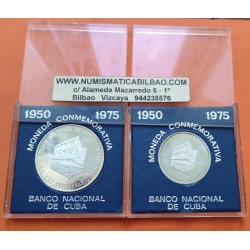 . 2 monedas x CUBA 5 PESOS 1975 + 10 PESOS 1975 XXV AÑOS DEL BANCO NACIONAL KM.36+37 PLATA PROOF Imperfeccione