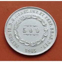BRASIL 500 REIS 1863 EPOCA REY PEDRO II KM.464 MONEDA DE PLATA EBC- Brazil 500 Reais silver coin BRAZIL