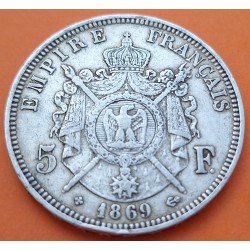 FRANCIA 5 FRANCOS 1869 BB Ceca de ESTRASBURGO EMPERADOR NAPOLEON III KM.799.2 MONEDA DE PLATA MBC France R/2