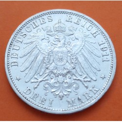 . REINO DE WURTEMBERG Alemania 3 MARCOS 1911 F WILHELM II KM.635 MONEDA DE PLATA EBC- Germany Deutsches Reich DREI MARK