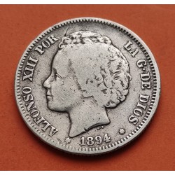 @MUY RARA@ ESPAÑA Rey ALFONSO XIII 2 PESETAS 1894 * -- / -- PGV Tipo "RIZOS" MONEDA DE PLATA KM.704 Spain silver coin R/3