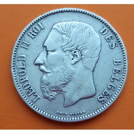 BELGICA 5 FRANCOS 1868 Rey LEOPOLDO II DES BELGES KM.24 MONEDA DE PLATA MBC Belgium silver 5 Francs