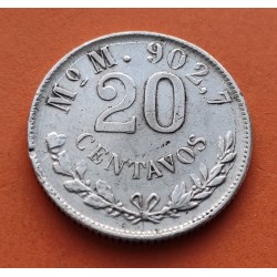 @RARA@ MEXICO 20 CENTAVOS 1900 Mo M AGUILA y VALOR KM.405 MONEDA DE PLATA MBC- República Mexicana silver coin 20mm