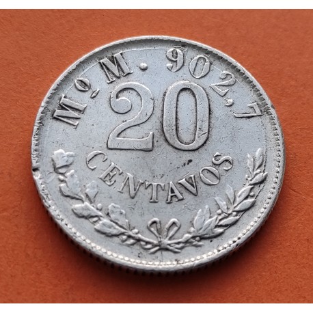 @RARA@ MEXICO 20 CENTAVOS 1900 Mo M AGUILA y VALOR KM.405 MONEDA DE PLATA MBC- República Mexicana silver coin 20mm