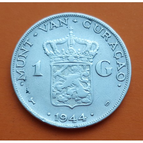 CURACAO 1 GULDEN 1944 REINA WILHELMINA KM.45 MONEDA DE PLATA PLATA MBC The Netherlands WWII R/2