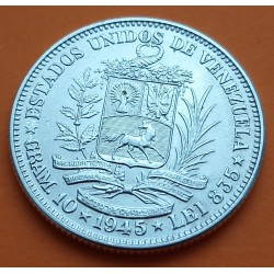 VENEZUELA 2 BOLIVARES 1945 SIMON BOLIVAR y ESCUDO NACIONAL KM.37 MONEDA DE PLATA SC- silver coin WWII