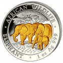 . @1 ONZA 2013 + ORO@ x SOMALIA 100 SHILLINGS 2013 ELEFANTE AFRICANO MONEDA DE PLATA Oz silver Cápsula GILDED GOLD PLATED