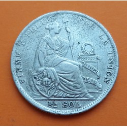 PERU 1/2 SOL 1928 DAMA SENTADA y ESCUDO KM.216 MONEDA DE PLATA BAJA @ESCASA@ República Peruana