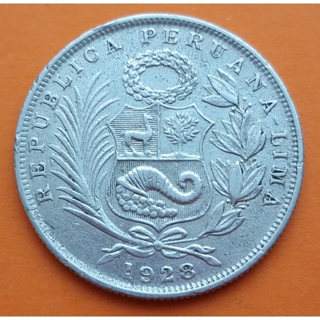 PERU 1/2 SOL 1928 DAMA SENTADA y ESCUDO KM.216 MONEDA DE PLATA @ESCASA@ República Peruana