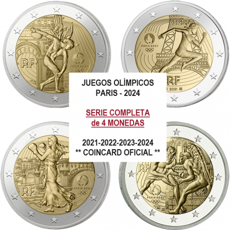 . 4 monedas x FRANCIA 2 EUROS 2021 + 2022 + 2023 + 2024 OLIMPIADA DE PARIS @COINCARD@ CONMEMORATIVA