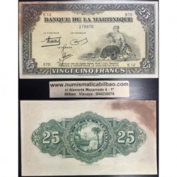 @MUY RARO@ MARTINICA 25 FRANCOS 1943 a 1945 DAMA CON FRUTAS y BARCO Pick 17 BILLETE SC @GRAN MANCHA@ UNC Martinique 25 Francs