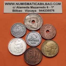 7 monedas x REPUBLICA ESPAÑOLA 5 + 10 + 25 + 50 CENTIMOS y 1 PESETA 1933 1934 1937 1938 PLATA COBRE HIERRO LATÓN España