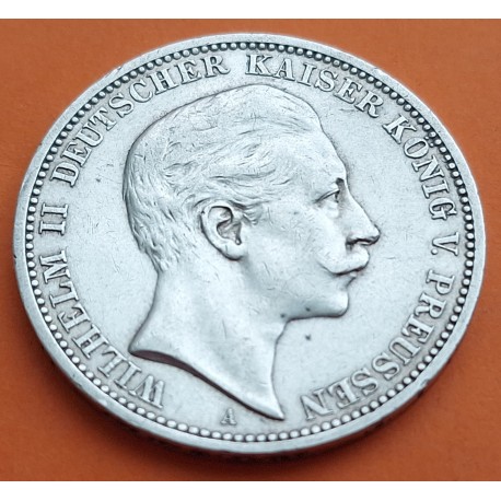 . REINO DE PRUSIA Alemania 3 MARCOS 1909 A REY WILHELM II KM.527 MONEDA DE PLATA MBC+ Germany Deutsches Reich 3 Marks