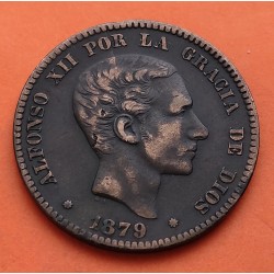 ESPAÑA Rey ALFONSO XII 10 CENTIMOS 1879 OM BUSTO y ESCUDO KM.675 MONEDA DE BRONCE Spain copper coin