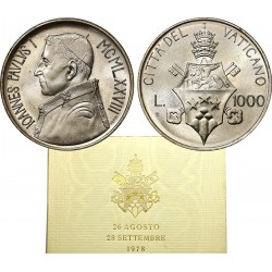 . @PAPA DURANTE SOLO 33 DIAS@ Vaticano 1000 LIRAS 1978 JUAN PABLO I UNICA MONEDA ACUÑADA KM.142 PLATA SC silver coin Set