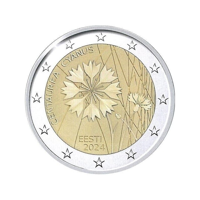 . 1 aaacoin @4/JUNIO Envío@ ESTONIA 2 EUROS 2024 ACIANO FLOR NACIONAL 1ª MONEDA CONMEMORATIVA Eesti Estonie euro coin