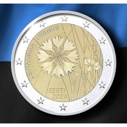 . 1 aaacoin @4/JUNIO Envío@ ESTONIA 2 EUROS 2024 ACIANO FLOR NACIONAL 1ª MONEDA CONMEMORATIVA Eesti Estonie euro coin