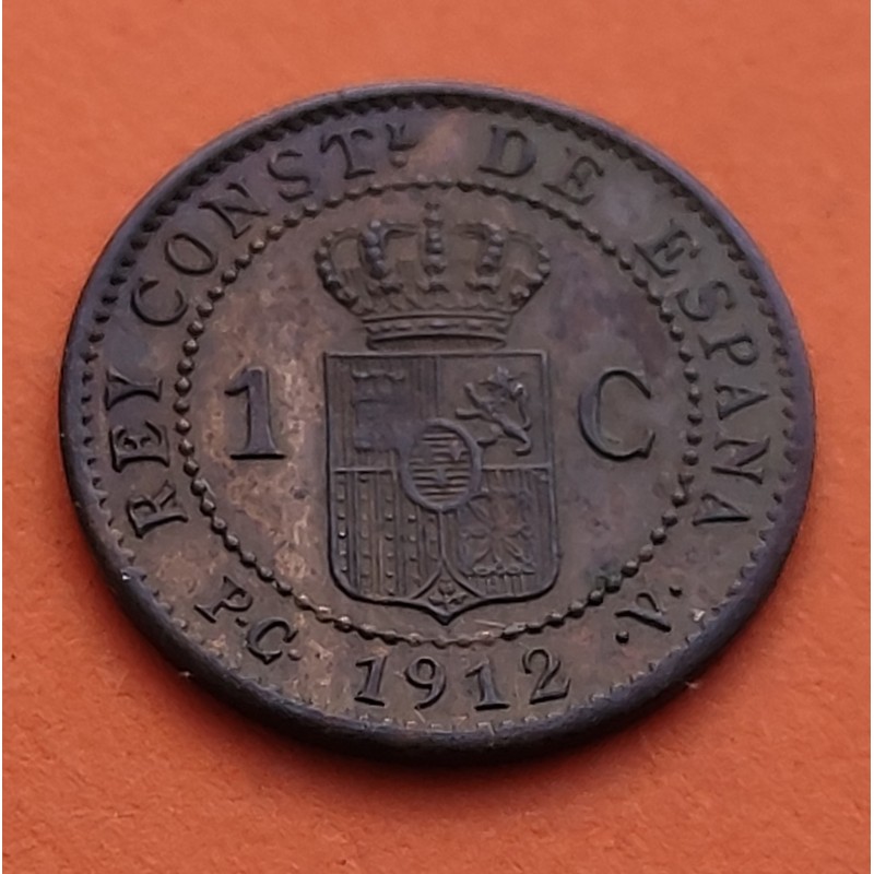 ESPAÑA Rey ALFONSO XIII 1 CENTIMO 1912 * 2 PCV REY y ESCUDO KM.731 MONEDA DE BRONCE EBC Spain R/3