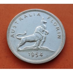 AUSTRALIA 1 FLORIN 1954 VISITA REAL CANGURO y LEON KM.55 MONEDA DE PLATA MBC+ 2 Shillings silver coin R/2