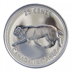 CANADA 25 CENTAVOS 1967 1867 PUMA Reina ISABEL II 100 ANIVERSARIO KM.68 MONEDA DE PLATA SC+ 25 Cents silver