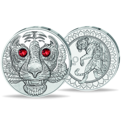 . 3ª MONEDA - CRISTAL DE SWAROVSKI AUSTRIA 20 EUROS 2022 TIGRE PLATA ESTUCHE Serie LOS OJOS DEL MUNDO Asian Tiger