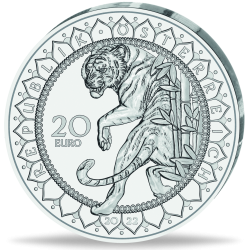 . 3ª MONEDA - CRISTAL DE SWAROVSKI AUSTRIA 20 EUROS 2022 TIGRE PLATA ESTUCHE Serie LOS OJOS DEL MUNDO Asian Tiger