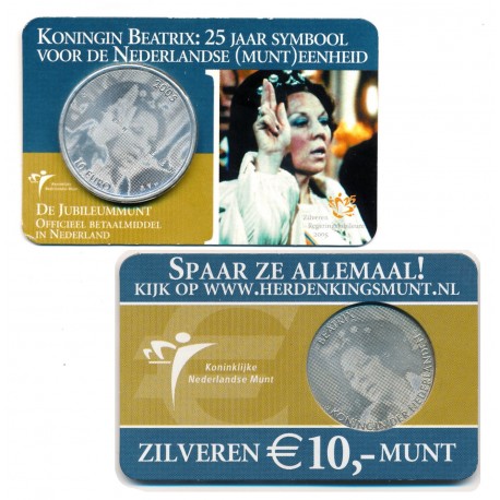 @COINCARD - HOLOGRAMA@ HOLANDA 10 EUROS 2005 JUBILEO REINA BEATRIZ MONEDA DE PLATA SC @PÁTINA@ The Netherlands 0,53 ONZAS