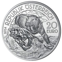 @AGOTADAS@ AUSTRIA 20 EUROS 2014 TERCIARIO FELINO DIENTES DE SABLE MONEDA DE PLATA ESTUCHE y CERTIFICADO Österreich TERTIAR