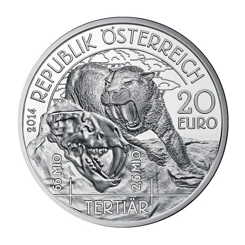 @AGOTADAS@ AUSTRIA 20 EUROS 2014 TERCIARIO FELINO DIENTES DE SABLE MONEDA DE PLATA ESTUCHE y CERTIFICADO Österreich TERTIAR