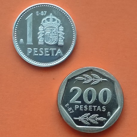 2 monedas x ESPAÑA 1 PESETA 1987 + 200 PESETAS 1987 III EXPOSICION NACIONAL DE NUMISMATICA E-87 PROOF E87 @Leves Imperfecciones@