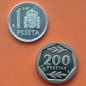 2 monedas x ESPAÑA 1 PESETA 1987 + 200 PESETAS 1987 III EXPOSICION NACIONAL DE NUMISMATICA E-87 PROOF E87 @Leves Imperfecciones@