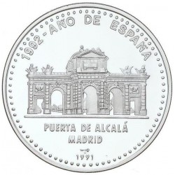 @Tirada 550@ CUBA 50 PESOS 1991 PUERTA DE ALCALA en MADRID AÑO DE ESPAÑA KM.356 MONEDA DE PLATA PROOF 5 Onzas