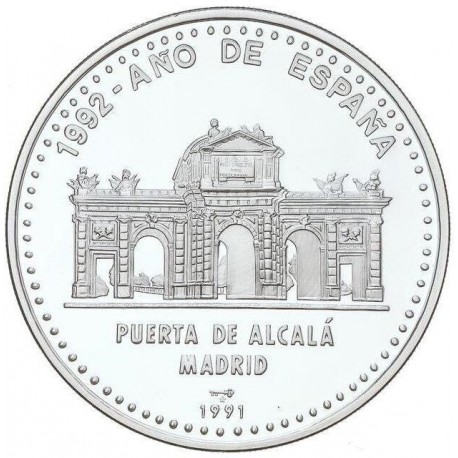 @Tirada 550@ CUBA 50 PESOS 1991 PUERTA DE ALCALA en MADRID AÑO DE ESPAÑA KM.356 MONEDA DE PLATA PROOF 5 Onzas