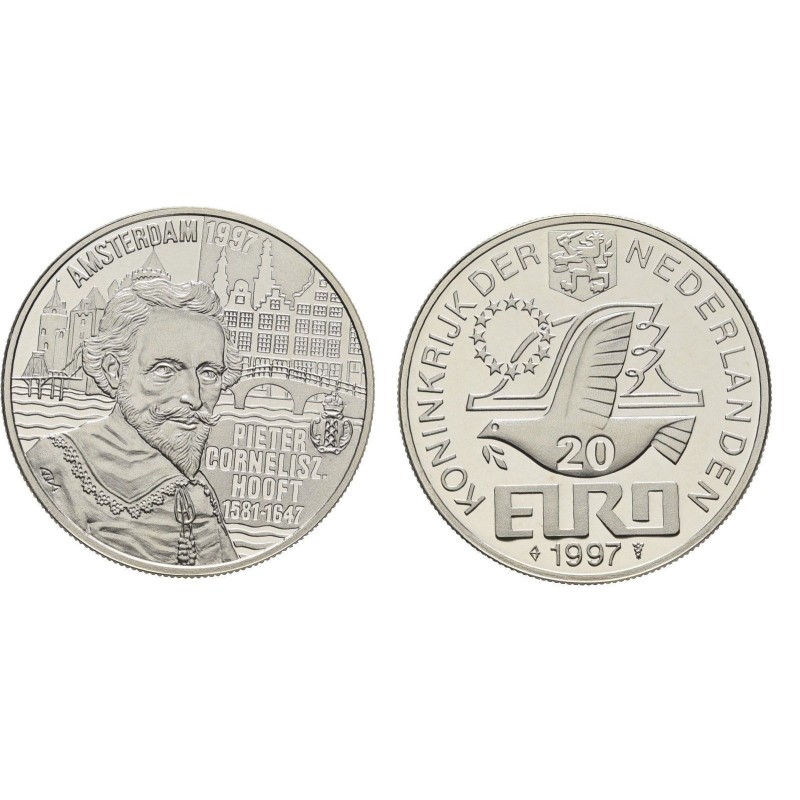 HOLANDA 20 EURO 1997 PETER CORNELISZ HOOFT KM.X.134.1 MONEDA DE PLATA PROOF The Neherlands
