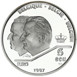 BELGICA 5 ECU 1997 REY ALBERTO y BALDUINO TRATADO DE ROMA KM.205 MONEDA PLATA PROOF + IMPERFECCIONES Belgium silver