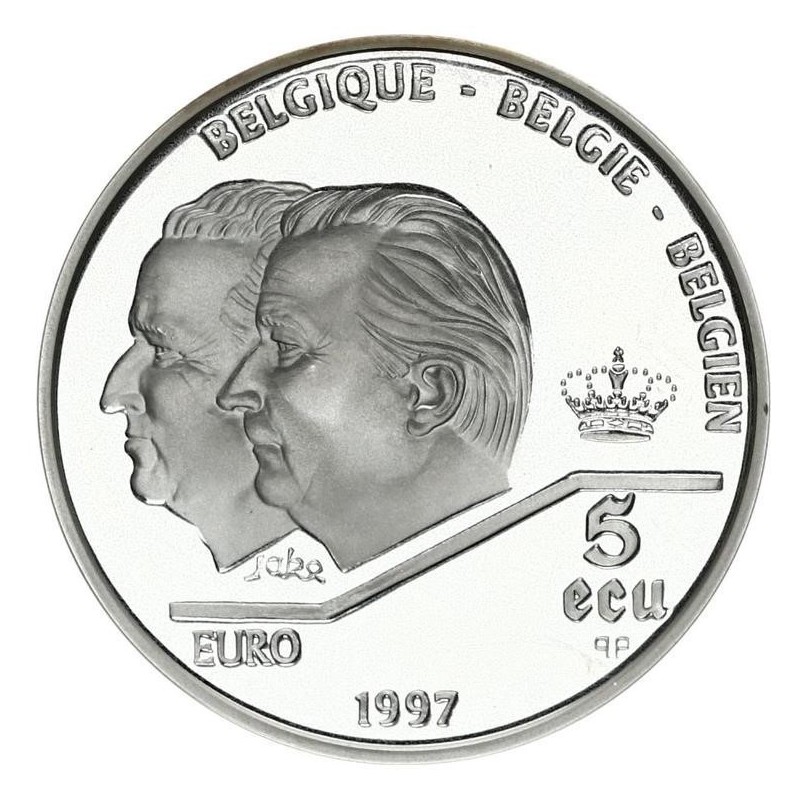 BELGICA 5 ECU 1997 REY ALBERTO y BALDUINO TRATADO DE ROMA KM.205 MONEDA PLATA PROOF + IMPERFECCIONES Belgium silver