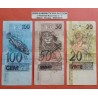 @PVP NUEVOS 350€@ 3 billetes x BRASIL 20 + 50 + 100 REAIS 1994 / 2007 MONO - LEOPARDO - PEZ Brazil banknotes RAROS y CIRCULADOS