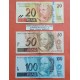 @PVP NUEVOS 350€@ 3 billetes x BRASIL 20 + 50 + 100 REAIS 1994 / 2007 MONO - LEOPARDO - PEZ Brazil banknotes RAROS y CIRCULADOS