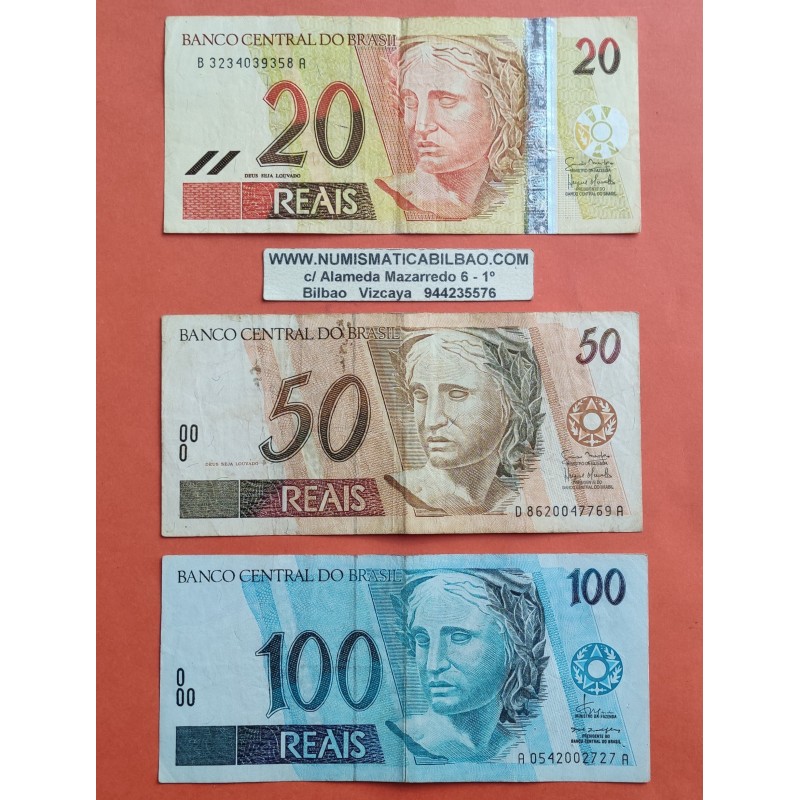 @PVP NUEVOS 385€@ 3 billetes x BRASIL 20 + 50 + 100 REAIS 1994 / 2007 MONO - LEOPARDO - PEZ Brazil banknotes RAROS y CIRCULADOS