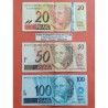 @PVP NUEVOS 385€@ 3 billetes x BRASIL 20 + 50 + 100 REAIS 1994 / 2007 MONO - LEOPARDO - PEZ Brazil banknotes RAROS y CIRCULADOS