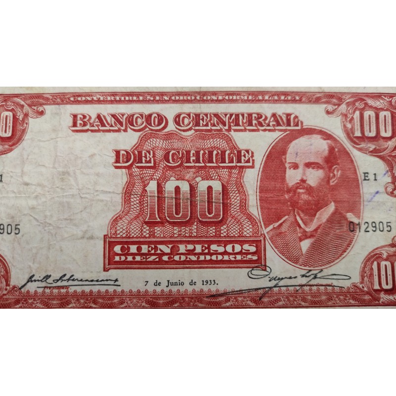 . @PVP NUEVO 1.800€@ Banco Central de CHILE 100 PESOS 1933 ARTURO PRAT - SANTIAGO Pick 95 BILLETE CIRCULADO 10 CONDORES 1933