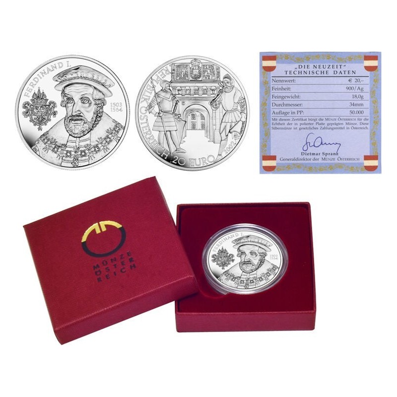@NO ESTUCHE@ AUSTRIA 20 EUROS 2002 REY FERDINAND I KM.3097 MONEDA DE PLATA PROOF CÁPSULA Österreich