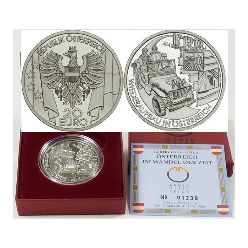 AUSTRIA 20 EUROS 2003 PLAN MARSHALL JEEP WWII KM.3107 MONEDA DE PLATA PROOF Österreich Nachkriegszeit